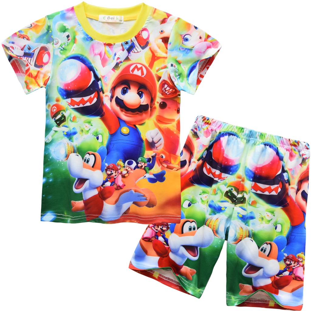 Set Áo Thun Ngắn Tay In Hình Super Mario Bros Và Quần short Thời Trang Cho Bé Gái