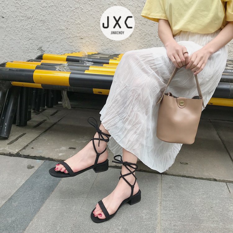 JINxCHOY Giày sandal mũi tròn phối dây thắt thời trang dành cho nữ JINXCHOY