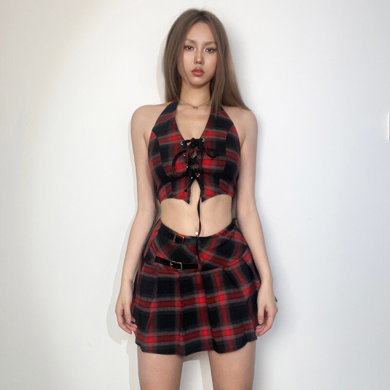 Set Áo Hai Dây + Chân Váy Mini Lưng Cao Xếp Ly Phong Cách Mỹ Cổ Điển Mẫu Kliou 2023 Mới