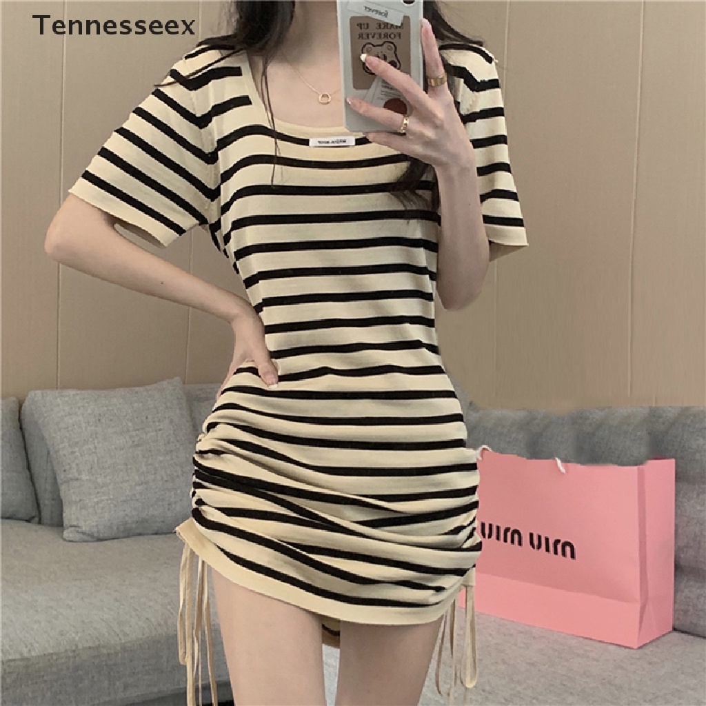 Đầm Mini Tay Ngắn Dáng Chữ A Cổ Vuông Họa Tiết Kẻ Sọc Phong Cách Ulzzang Hàn Quốc Thời Trang Mùa Hè Đơn Giản Dành Cho Bạn Nữ