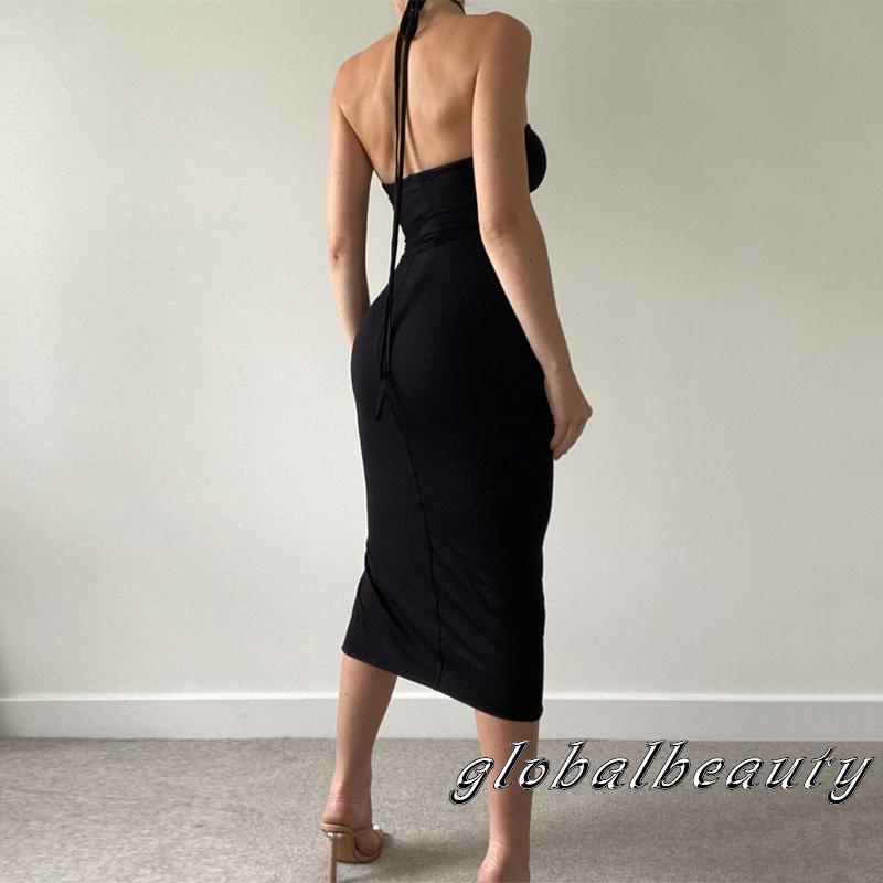 Gb-đầm Ống Dây Rút Xếp Ly Cắt Xẻ Cao Màu Trơn Có Thể Điều Chỉnh Cho Nữ Vào Mùa Hè