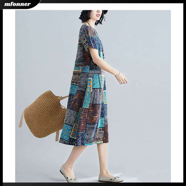 Đầm Midi Tay Ngắn Dáng Rộng Cổ Tròn Plus Size Thời Trang Mùa Hè Cho Nữ