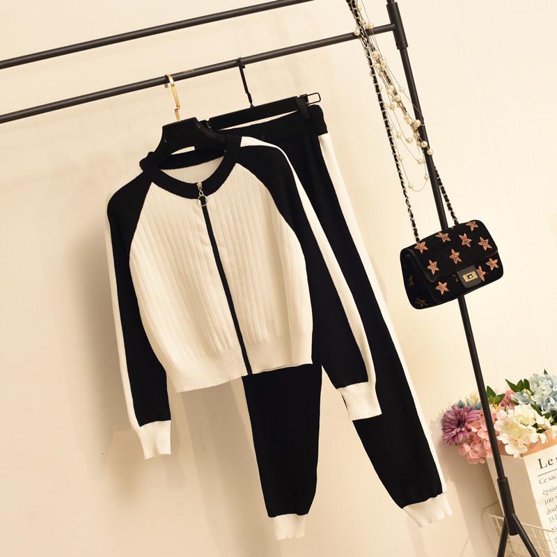 Set Áo Cardigan Dệt Kim Tay Dài Cổ Tròn Có Khóa Kéo Và Quần Lưng Cao Đơn Giản Thời Trang Cho Nữ