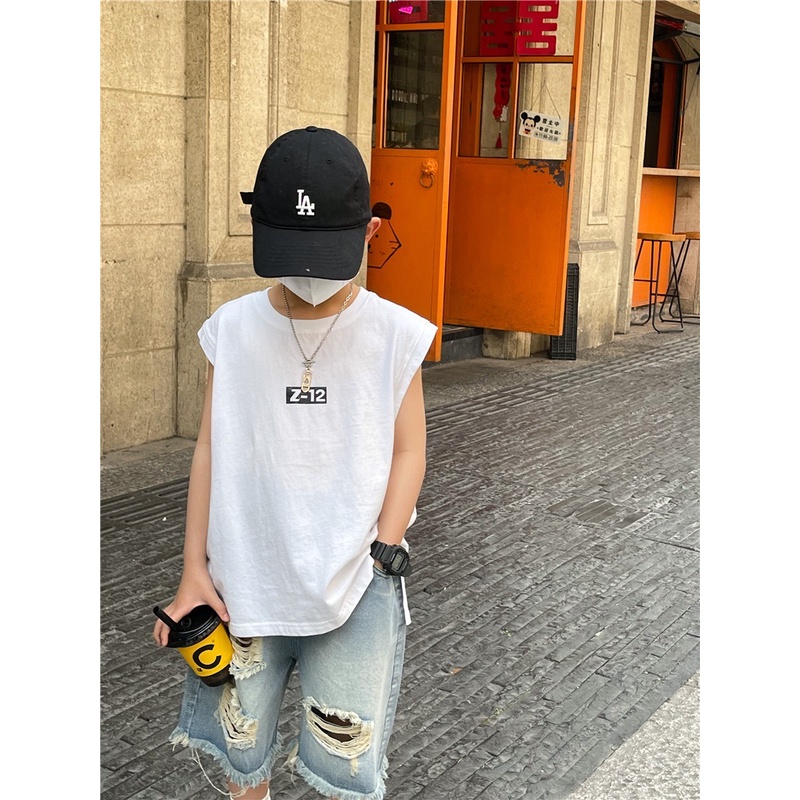 Áo thun ba lỗ trắng chữ Z-12 bé trai AB706 sz 90-150, áo phông sát nách cotton thời trang mùa hè cho bé