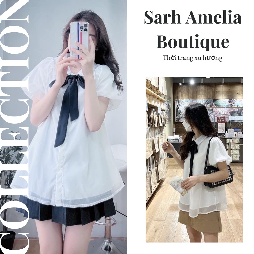 Áo Sơ Mi Babydoll Nữ Voan Tơ Phối Nơ Cổ Phối Ren - Áo Trắng Nữ Cộc Tay Nơ Đính Ngọc Cổ - Freesize form dưới 59kg mặc đẹp