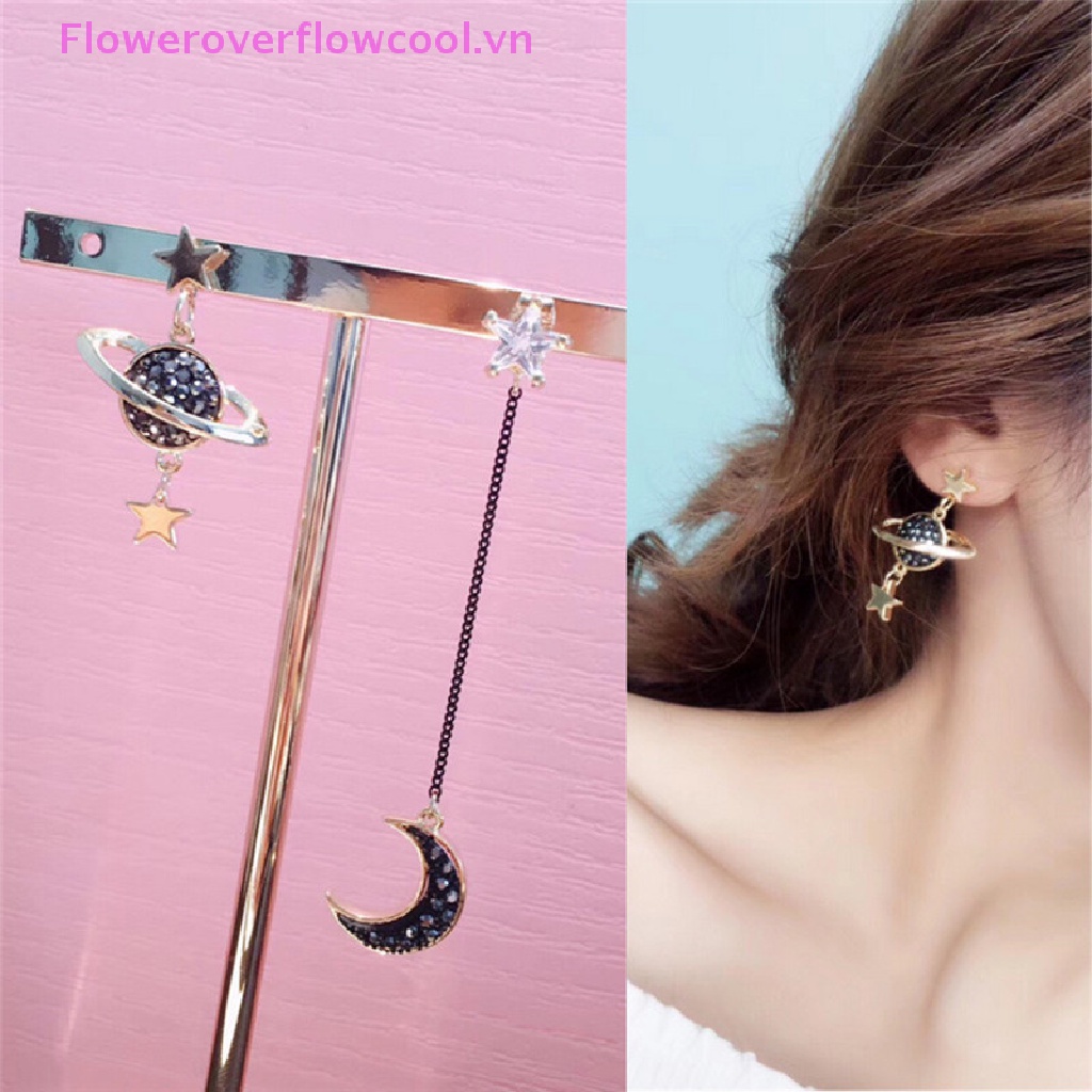 Bông Tai Dáng Dài Hình Mặt Trăng Ngôi Sao Đính Đá Thời Trang Cho Nữ