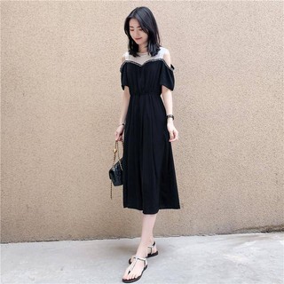 Đầm Chiffon Dáng Chữ A Hở Vai Eo Hẹp Màu Đen Phong Cách Hàn Quốc