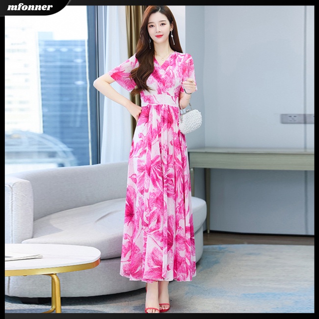 Đầm Hoa Tay Ngắn Cổ Chữ V Dáng Xòe Thời Trang Cho Nữ