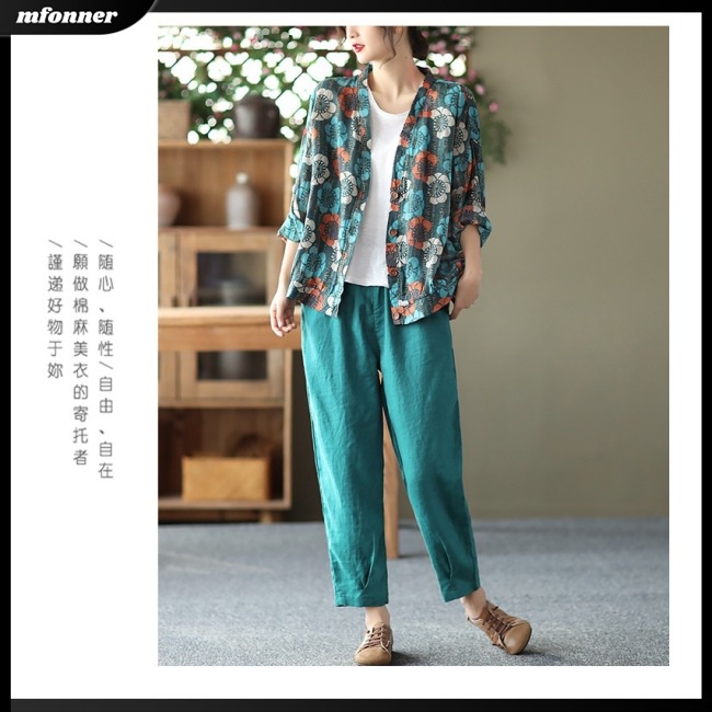 Áo Sơ Mi Tay Dài Cổ Chữ V Dáng Rộng Vải Lanh In Họa Tiết Thời Trang Cho Nữ