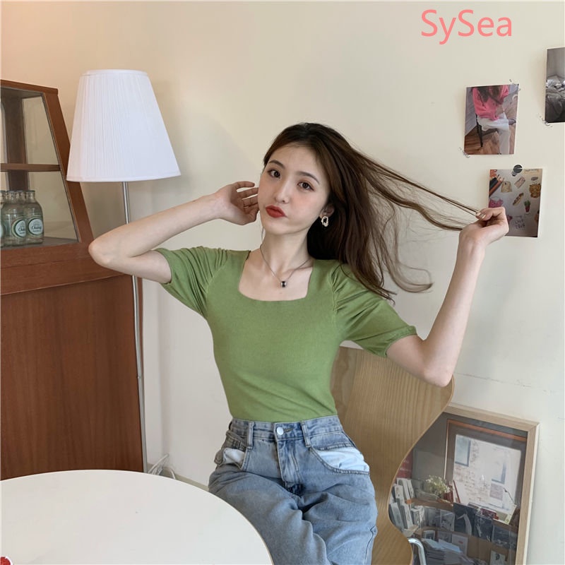 Áo Dệt Kim Tay Phồng Cổ Vuông Xếp Ly Xinh Xắn Cho Nữ