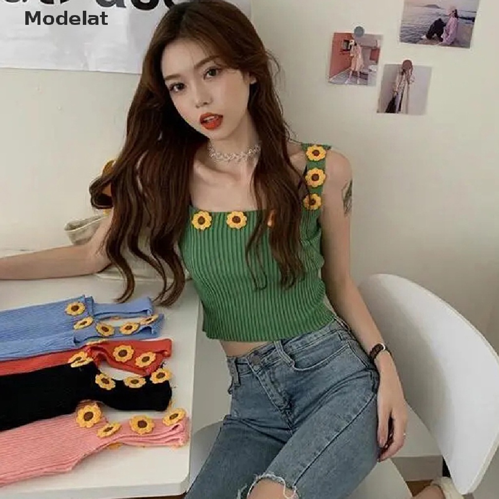 Áo Crop Top Dệt Kim Không Tay Màu Trơn In Họa Tiết Hoa Cúc Thời Trang Mùa Hè Quyến Rũ Cho Nữ