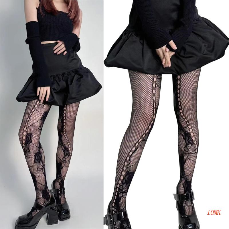 Xiangbao Quần Tất Lưới Rỗng Xuyên Thấu Họa Tiết Hoa Hồng Punk Dành Cho Nữ