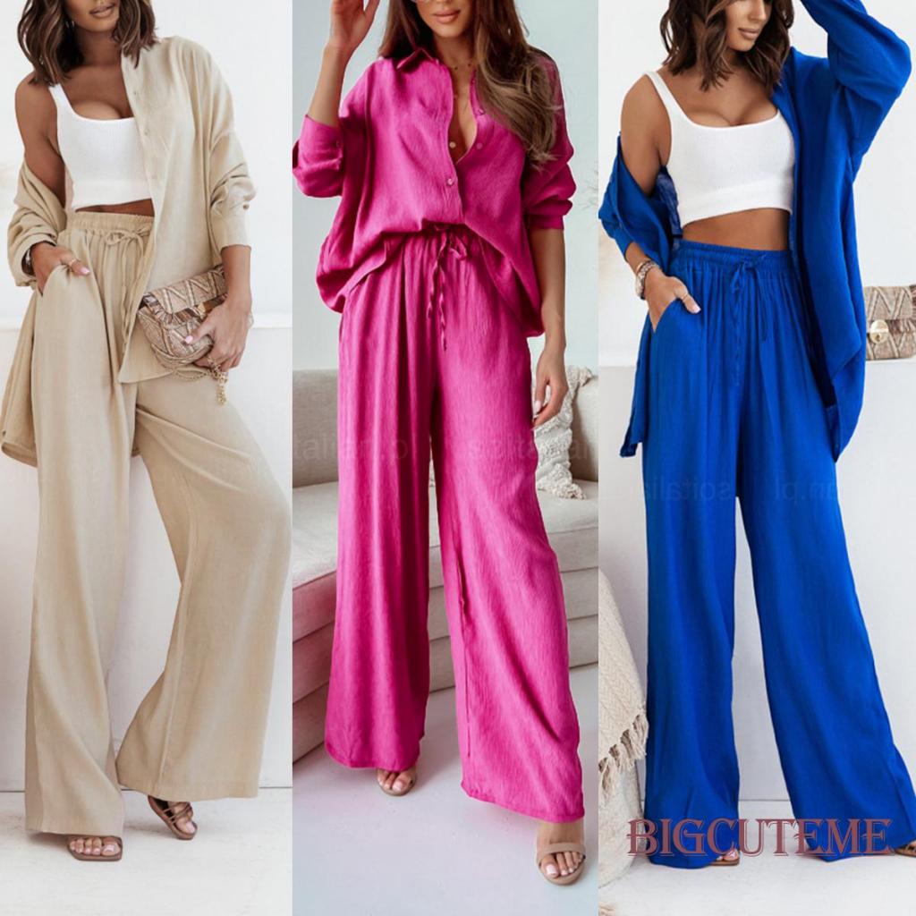 Set Đồ Mùa Xuân 2 Món Gồm Áo Sơ Mi Cổ Bẻ Tay Dài Cổ Bẻ Màu Trơn + Quần ống rộng Cho Nữ