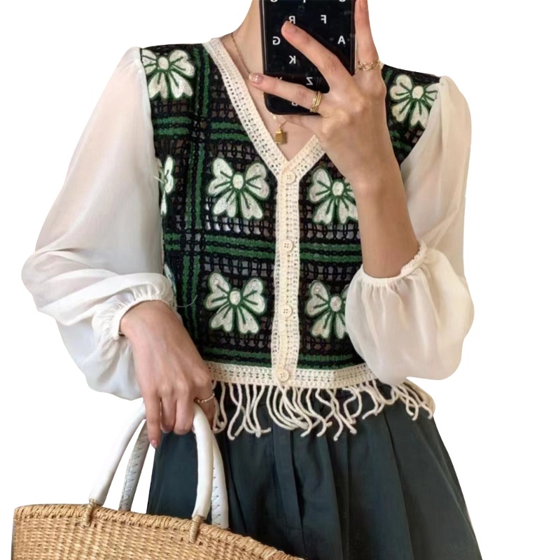 Áo Sơ Mi Tay Dài Phồng Thêu Họa Tiết Thắt Nơ Phối Nút Phía Trước Cho Nữ