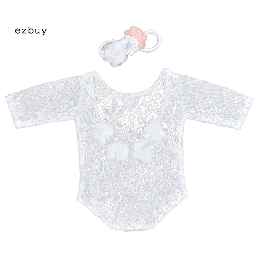 Set Áo Liền Quần + Băng Đô Ren Hoa Hở Lưng + Băng Đô Dành Cho Bé Sơ Sinh