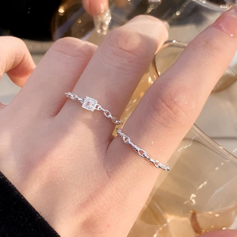 Nhẫn Hở Mạ Bạc 925 Hình Vuông Đính Đá Phong Cách Hàn Quốc