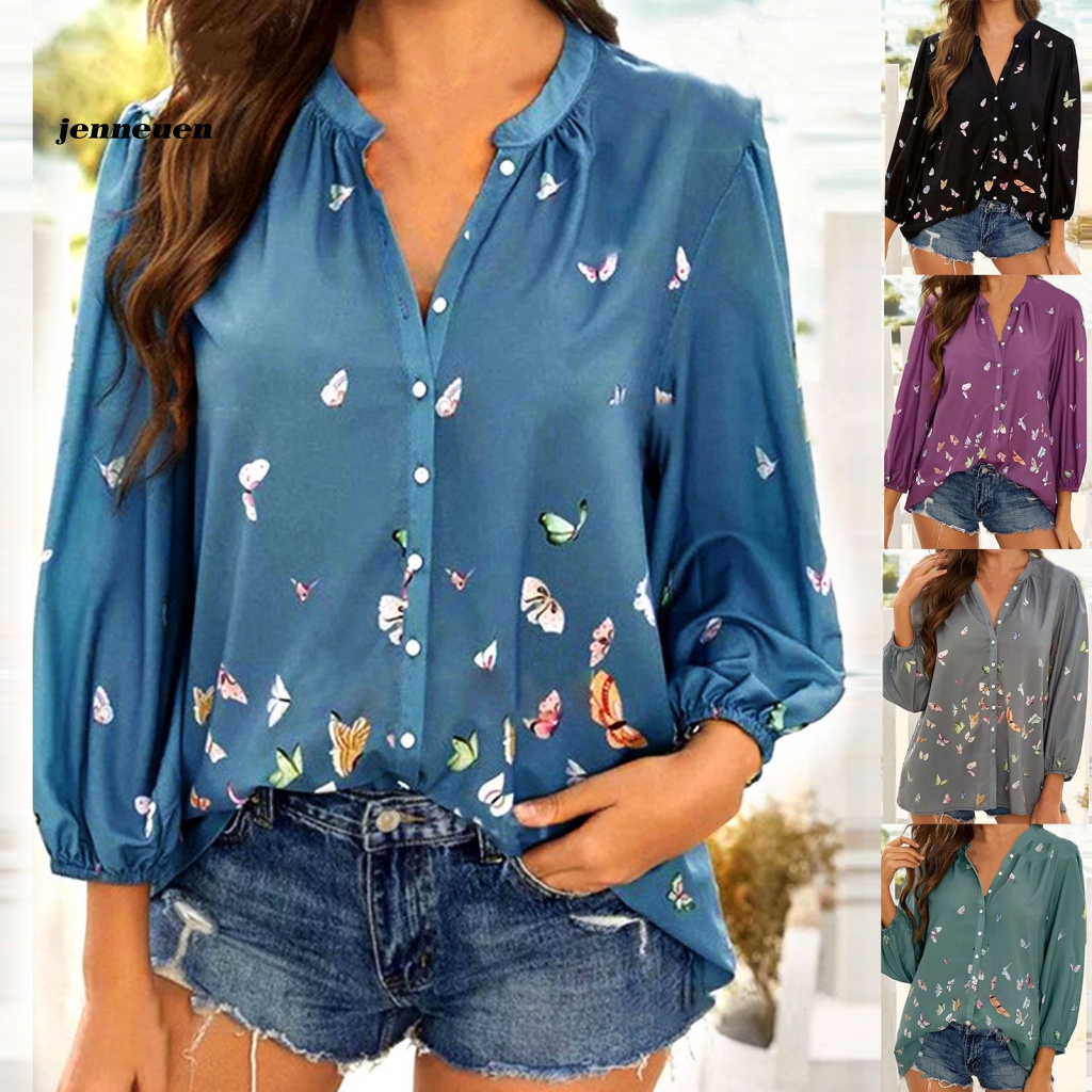 Áo Sơ Mi Cổ Chữ V Dáng Rộng In Họa Tiết Bươm Bướm Thời Trang Mùa Thu