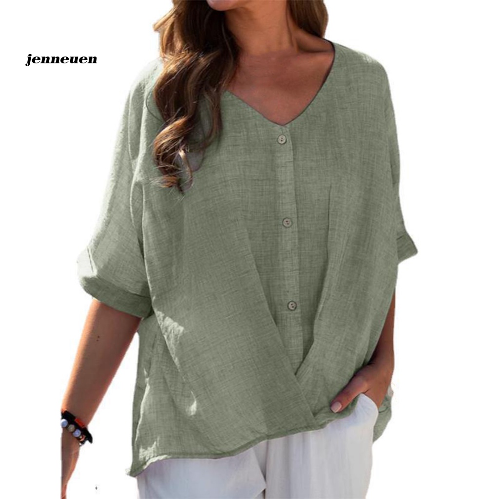 Áo Sơ Mi Mùa Hè Tay Lửng Cổ Chữ V Viền Cao / Thấp Cài Nút Màu Trơn Cho Nữ