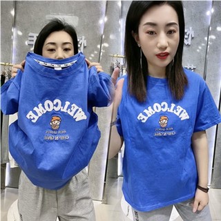Áo Thun Cotton Ngắn Tay Cổ Tròn Dáng Rộng In Chữ Hoạt Hình Thời Trang Xuân Hè Cho Nữ