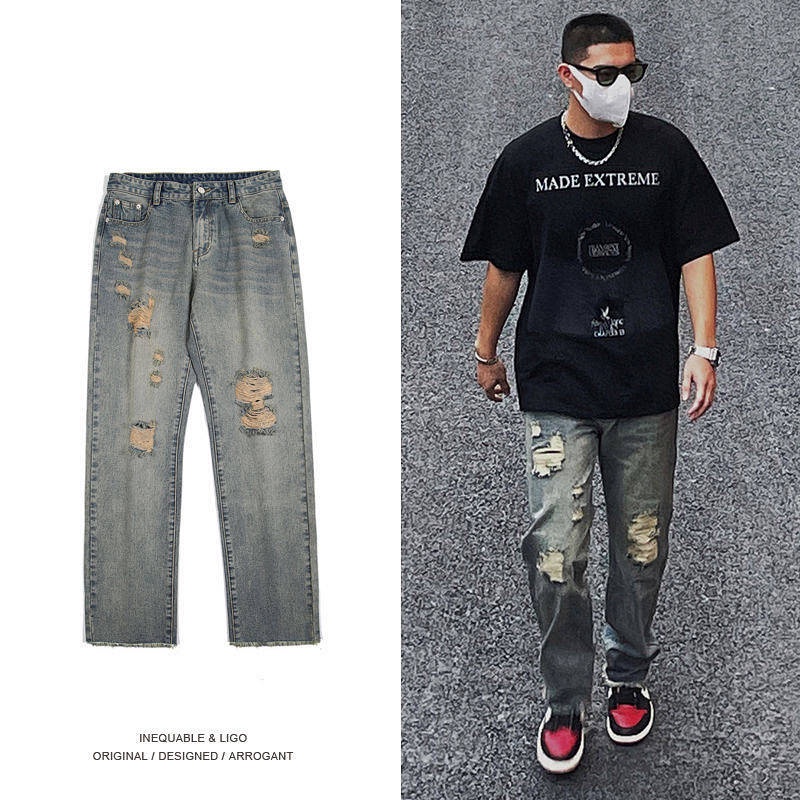 American High Street Washed Distressed Ripped Jeans Men's Ins Fashion Brand European and American Hiphop Loose Straight Trousers sRas