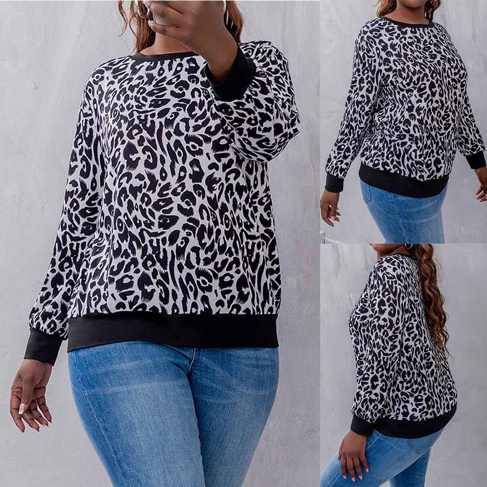 Áo Thun Nữ Cổ Tròn Dài Tay In Họa Tiết Da Báo Plus Size MM0411