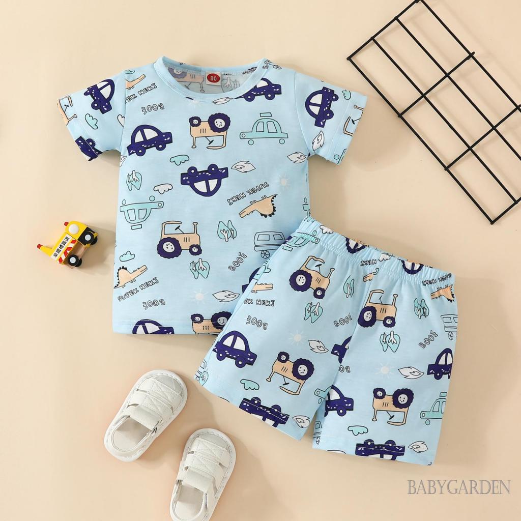 Set Đồ Mùa Hè 2 Món Gồm Áo Thun Tay Cộc In Hình Xe Hơi + Quần Ngắn Co Giãn Cho Bé Trai 9 Tháng Tuổi