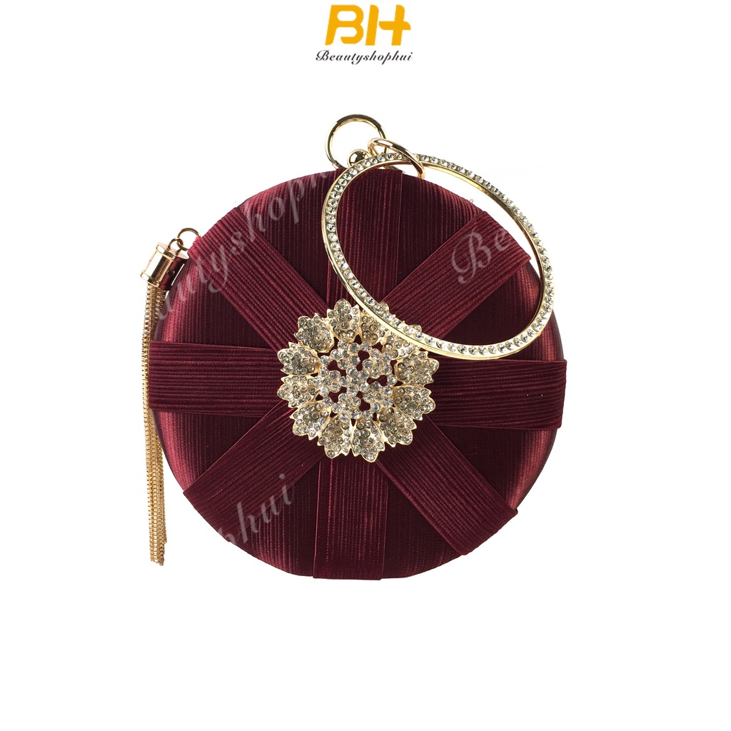 Túi Xách Dự Tiệc Đính Đá Phối Dây Xích Tròn Thiết Kế Mới Cao Cấp Thời Trang Cho Nữ