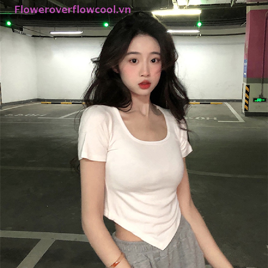 Áo Thun Ngắn Tay Cổ Vuông Vạt Không Đều Thời Trang Mùa Hè Dành Cho Nữ