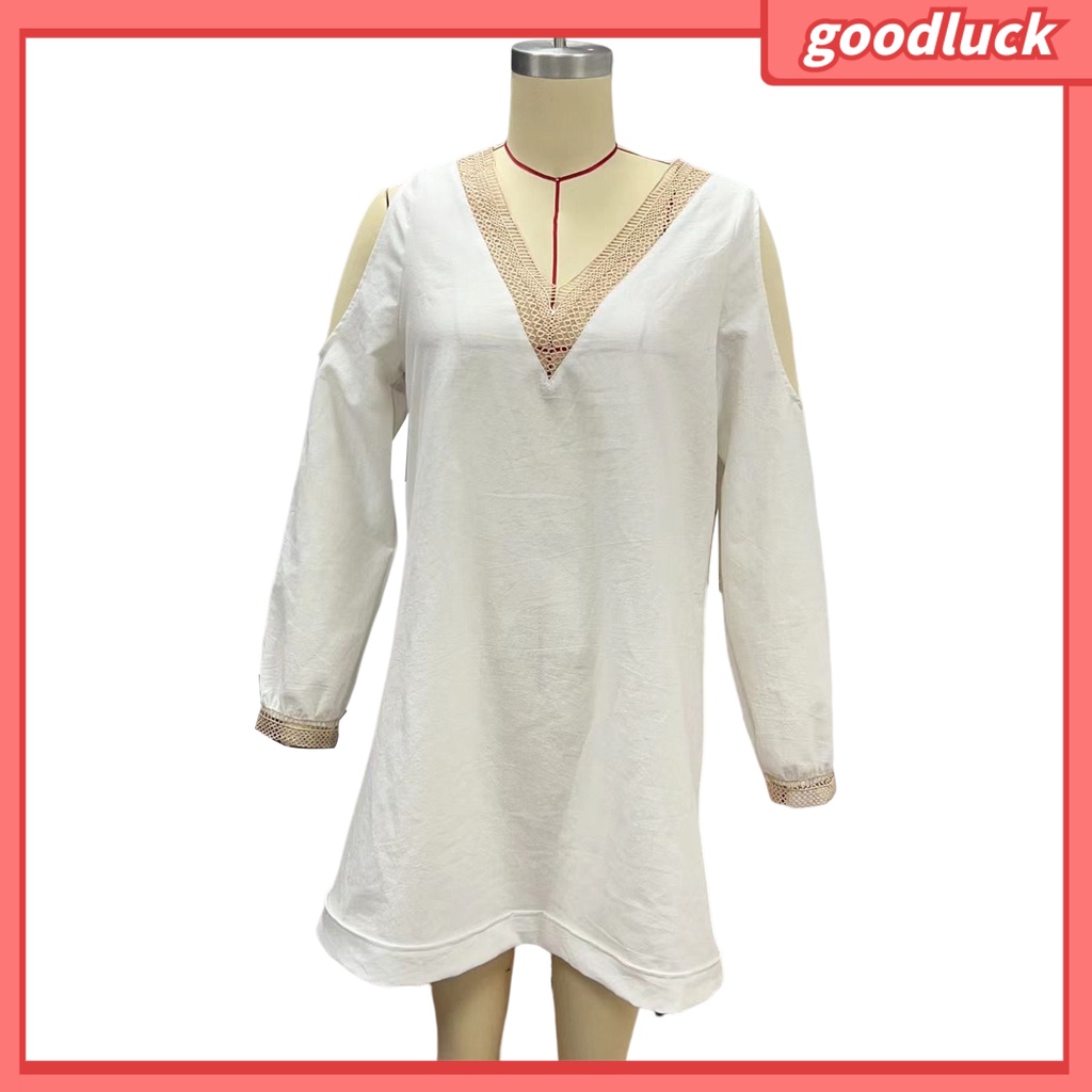 Đầm Mini Tay Dài Màu Trơn Cổ Chữ V Phối Ren Thanh Lịch Cho Nữ