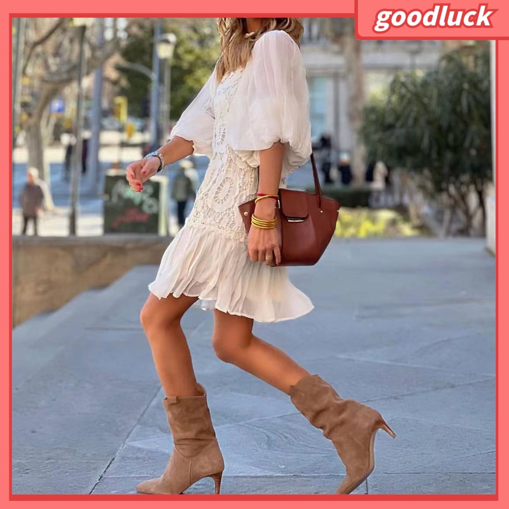 [ULK] Đầm Mini Tay Lỡ Viền Bèo Nhún Màu Trơn Thêu Ren Màu Trơn Họa Tiết Đường Phố