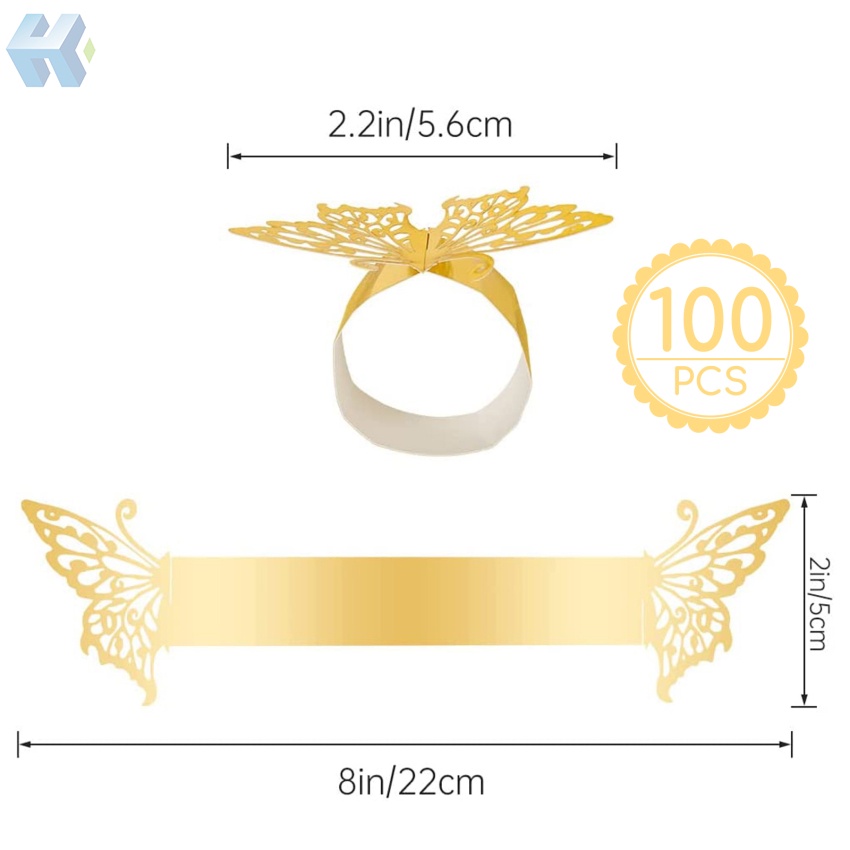 Set 100 Vòng Giữ Khăn Ăn Bằng Giấy Bạc Cắt Laser Hình Bướm Dùng Một Lần