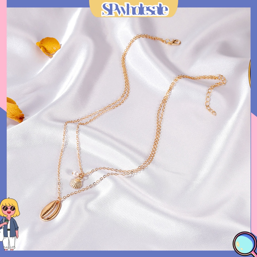 &lt;SPwholesale&gt; Vòng Cổ Choker Hai Lớp Đính Hạt Ngọc Trai Và Vỏ Sò Nhân Tạo Bằng Hợp Kim Cho Nữ