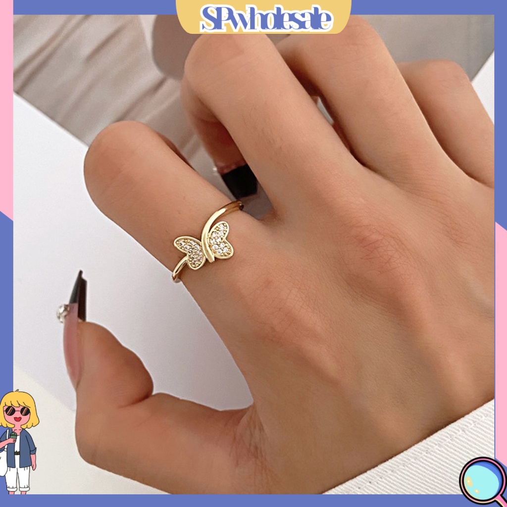 <SPwholesale> Nhẫn Hở Hình Học Đính Đá Hình Bướm Lấp Lánh Có Thể Điều Chỉnh Trang Trí Thời Thượng < Spwholeale >