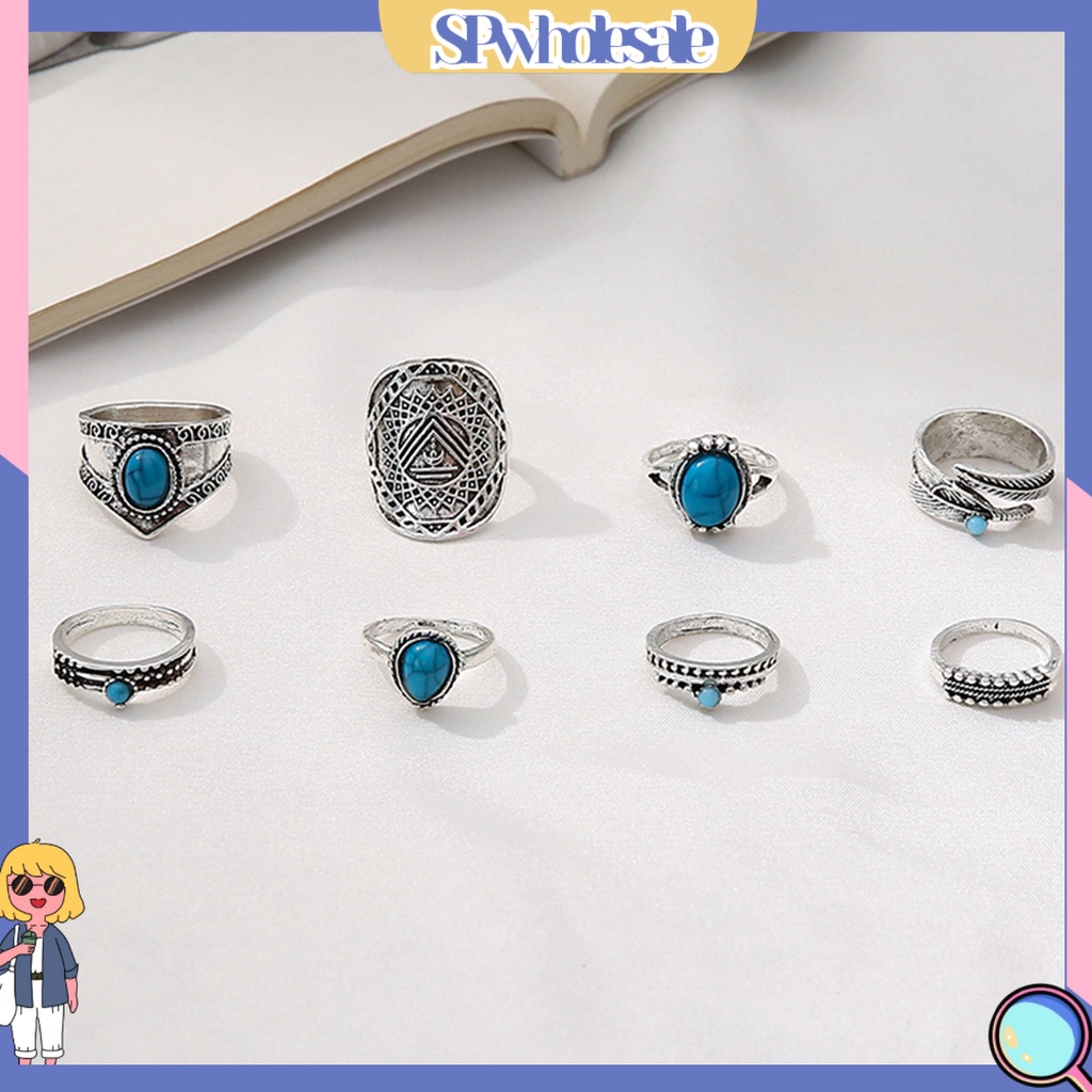 <SPwholesale> Set 8 Nhẫn Đeo Khớp Ngón Tay Đính Đá Ngọc Lam Giả Phong Cách Bohemian Thời Trang