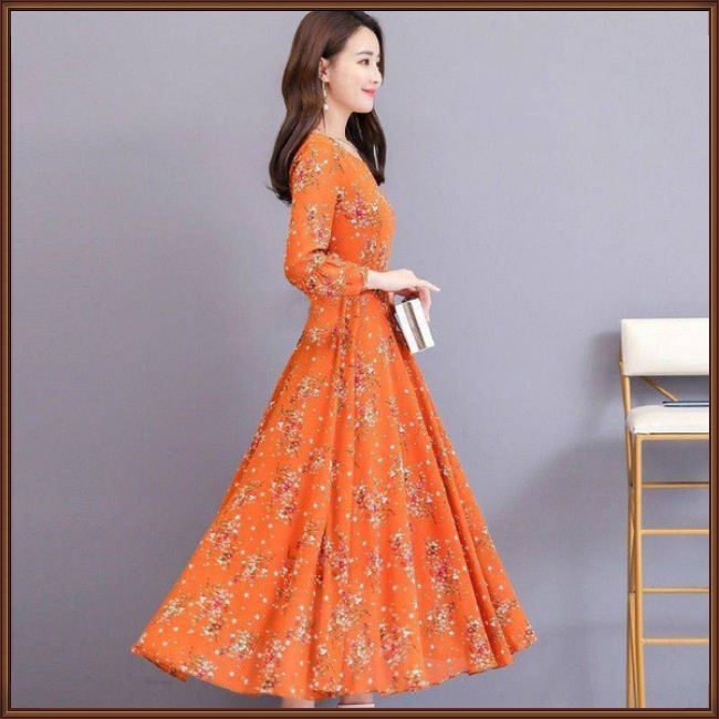 Đầm Midi Chữ A Tay Dài Cổ Tròn In Họa Tiết Hoa Kích Thước Lớn Thời Trang Cho Nữ