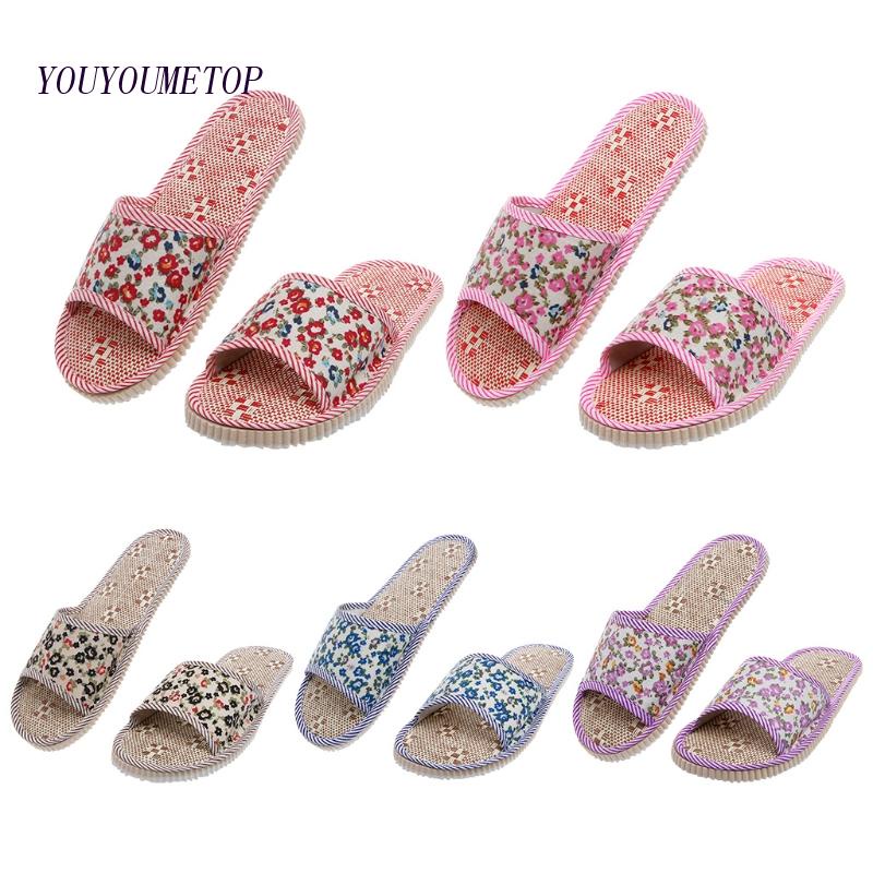 Youyo Dép Đi Trong Nhà Hở Ngón Đế Phẳng Vải Lanh Họa Tiết Hoa Dành Cho Nam Nữ
