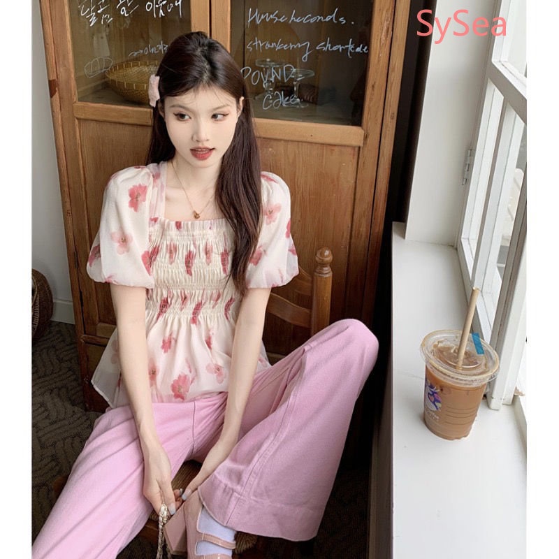 Áo Kiểu Chiffon Cổ Vuông Tay Phồng Họa Tiết Hoa Thời Trang Mùa Hè Quyến Rũ Cho Nữ