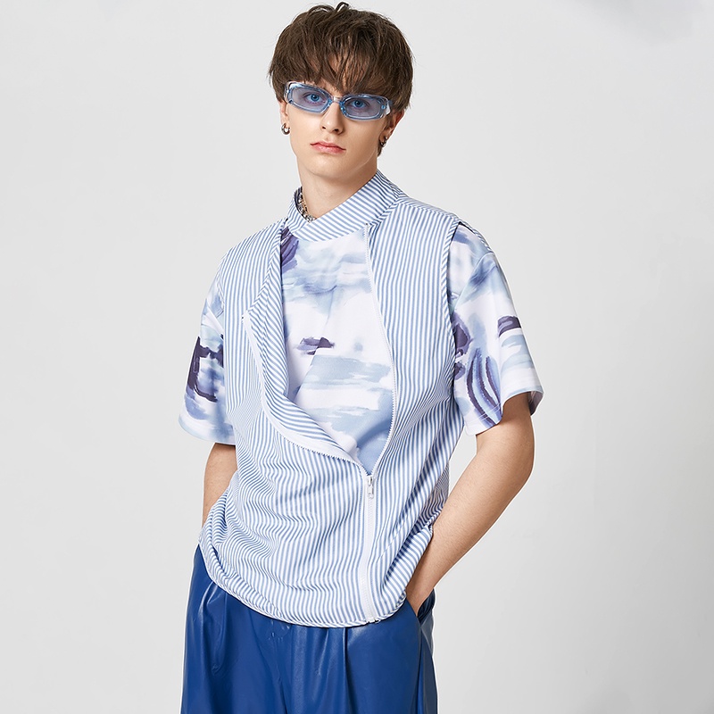 Áo kiểu INCERUN tay ngắn họa tiết kẻ sọc họa tiết phong cảnh thời trang cho nam