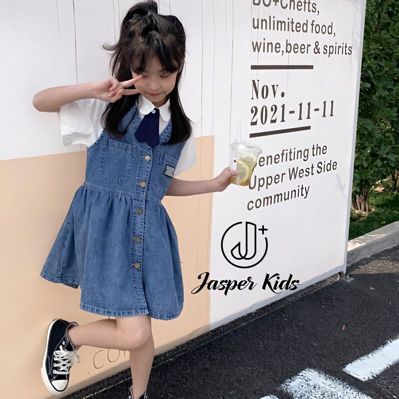 Set Áo Sơ Mi Denim + Chân Váy Thắt Nơ Thời Trang Hè Hàn Quốc 2023 Cho Bé Gái 5-6 - 7-8 - 9-10 - 12-13 - 14 Tuổi