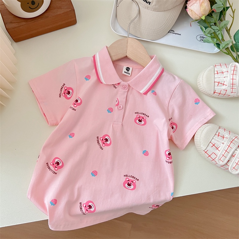 Áo Thun Polo Ngắn Tay Họa Tiết Hoạt Hình Gấu Và Dâu Tây Thời Trang Mùa Hè Cho Bé Gái