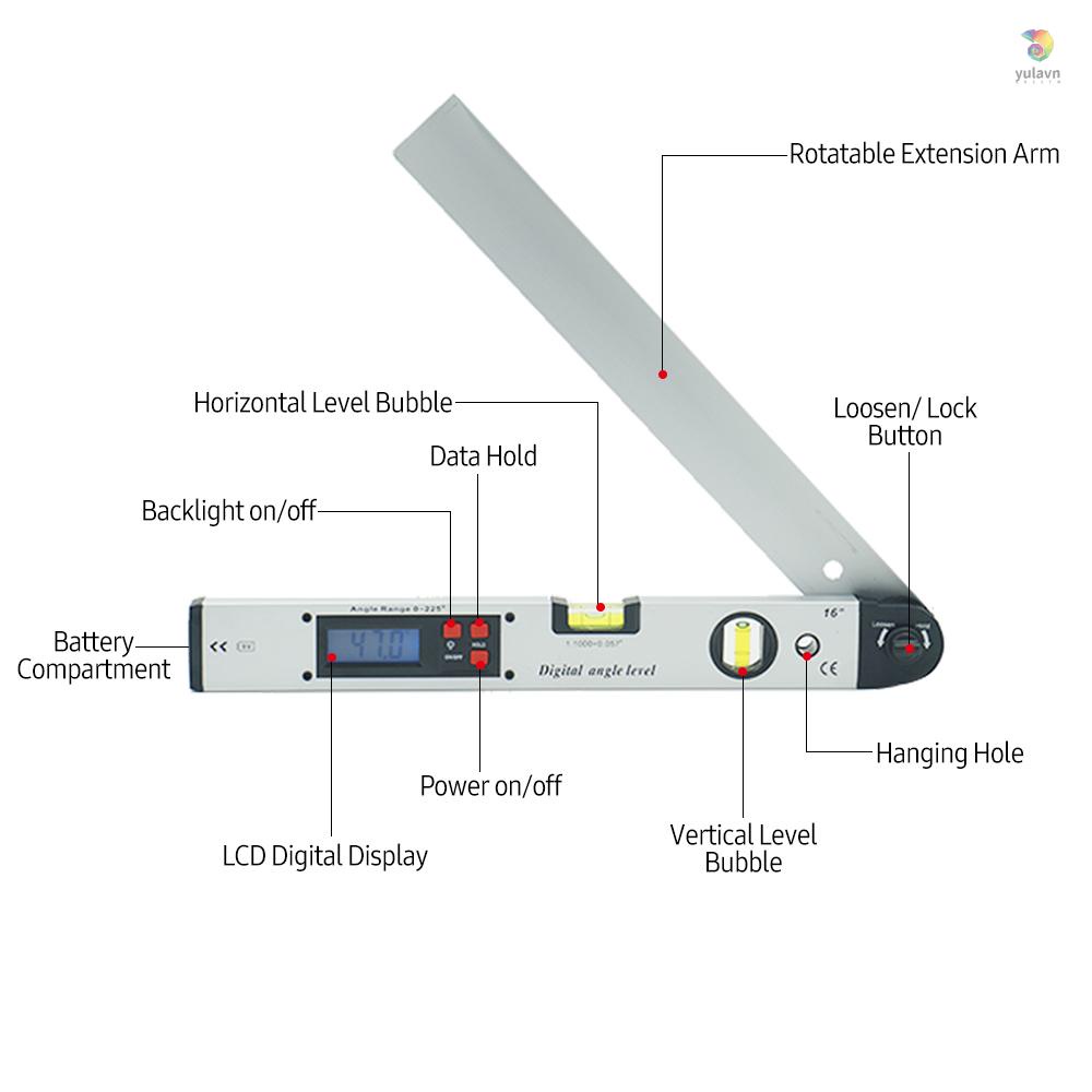 Thước Đo Góc Kỹ Thuật Số LCD 16-inch 225 Độ Bằng Hợp Kim Nhôm Chuyên Dụng Làm Mộc
