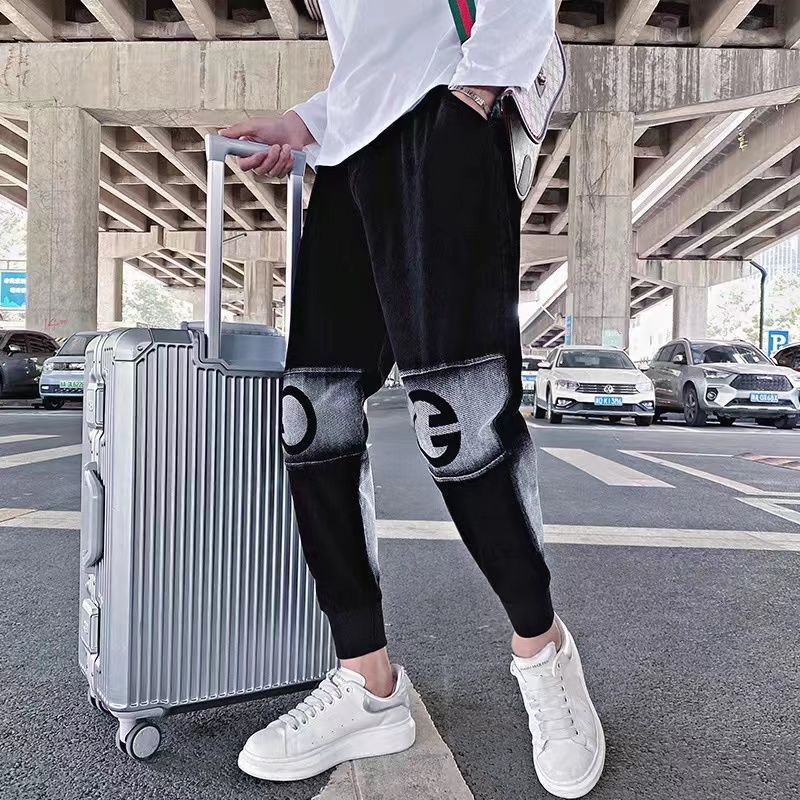 * Qu * Qu n jean nam * Quần jean Đen Mỏng Tới Mắt Cá Chân Kiểu Dây Rút Kẻ Sọc Caro Màu Gradient Thời Trang Mùa Hè