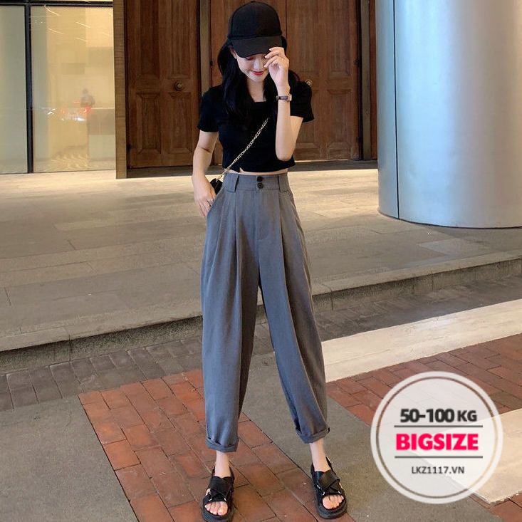 quần baggy Bigsize quần dài nữ dáng suông lưng cao cạp cao đen mùa thu Phong cách Hàn Quốc Thời Trang cá tính xinh đẹp cho người mập béo nữ