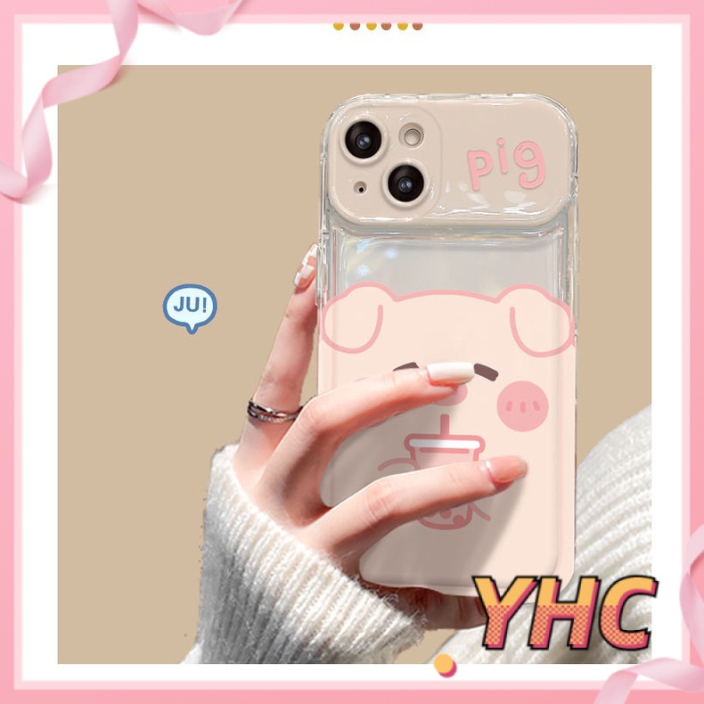 Ốp Lưng iPhone Camera Con lợn nhỏ uống trà sữa, nắp lật, giá đỡ gương, vỏ mềm silica gel chống rơi Cho Iphone 6 / 6S / 6splus / se / 7 / 7plus / 8 / 8plus / X / xs / xsmax / 11 / 12 / 13 / 14 / Plus / pro / pro max-8011