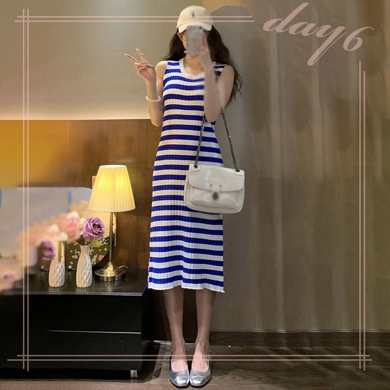 Đầm Dệt Kim Sát Nách Dáng Dài Cổ Tròn Họa Tiết Kẻ Sọc Thời Trang Mùa Hè Xinh Xắn Cho Nữ