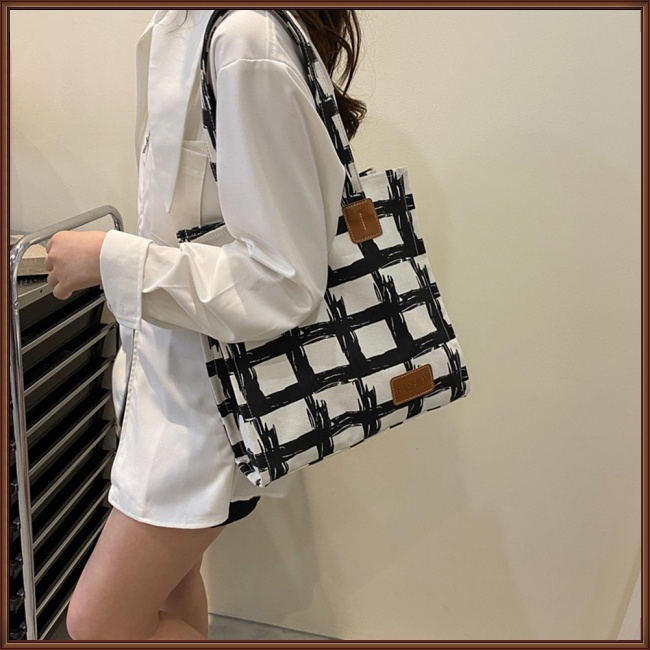 Túi Xách Canvas Sức Chứa Lớn Họa Tiết Sọc Caro Phong Cách Retro Thời Trang Cho Nữ