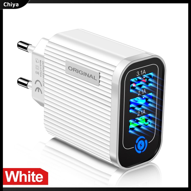 Củ Sạc Điện Thoại Nhanh 5V / 3A 3 Cổng Usb Có Đèn Led Phích Cắm US / EU