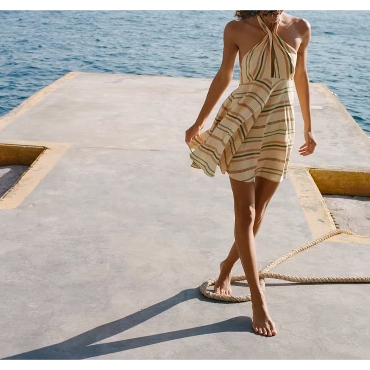 Zara Đầm Ngắn Vải Lanh Kẻ Sọc Hở Lưng Quyến Rũ Thời Trang Mùa Hè Cho Nữ 6929303