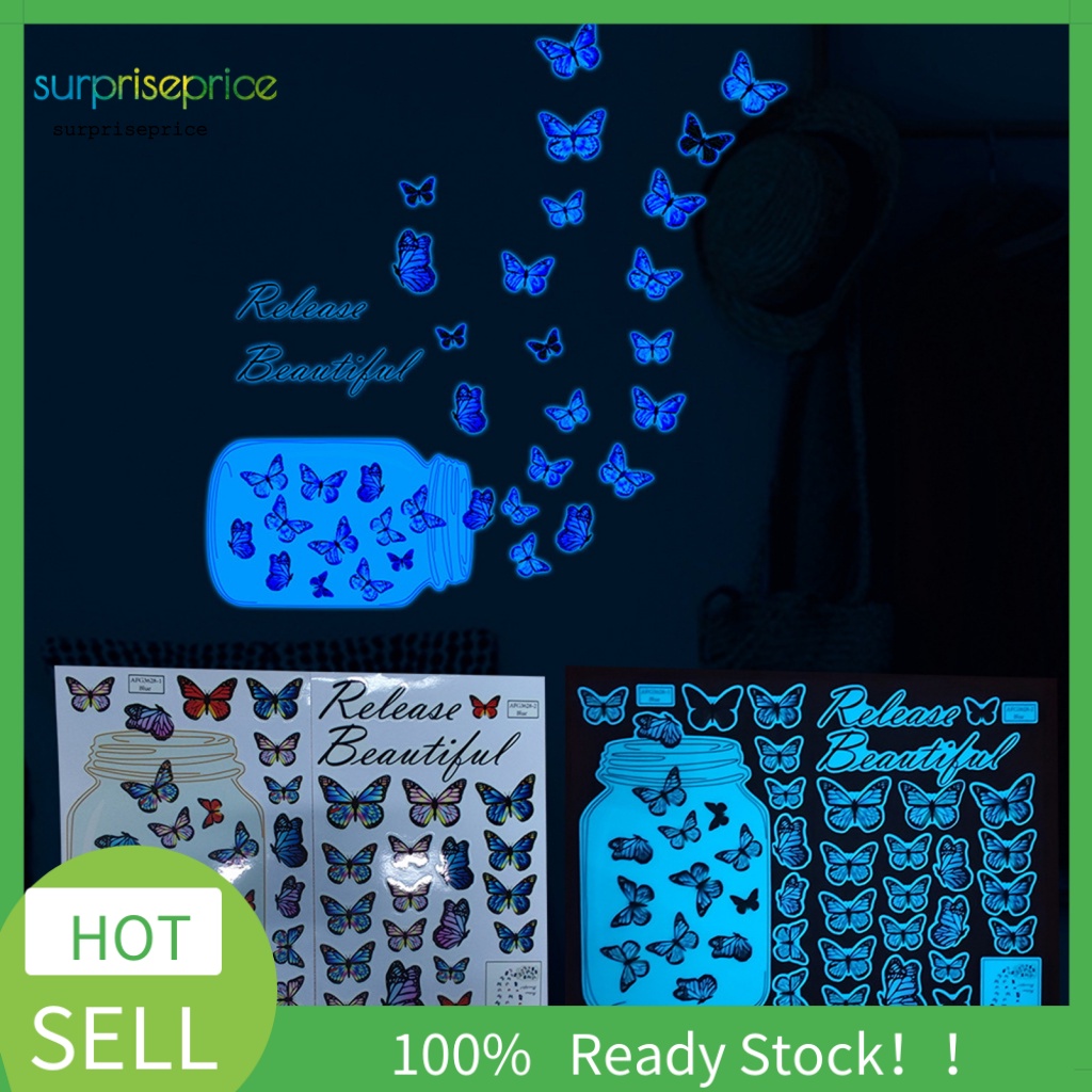 1 Set Sticker Dán Tường Hình Lọ Hoa Bướm Phát Sáng Trong Bóng Tối Không Phai Màu Trang Trí Nhà Cửa