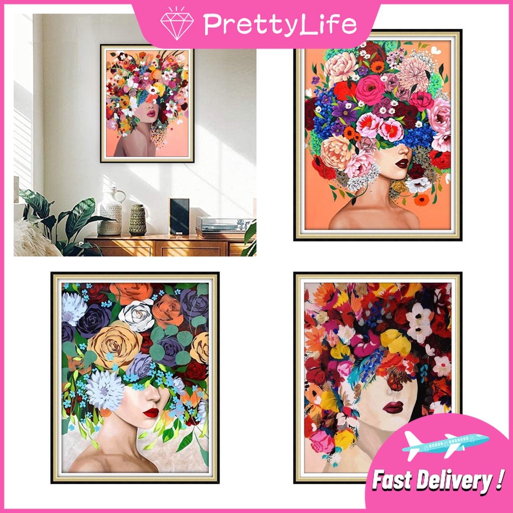 Bộ Tranh Đính Đá 5D Họa Tiết Cô Gái &amp; Hoa Nhiều Màu Độc Đáo Diy Dùng Trang Trí Nhà Cửa